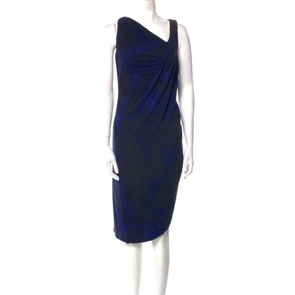 Aidan Mattox Sz 2 Blue Black Abstract Print Draped Neck Dress Asymmetric Hemline - Picture 2 of 9